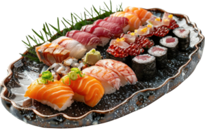 un plato de clasificado Sushi, incluso nigiris, maqui, y sashimi, arreglado en un decorativo lámina. png