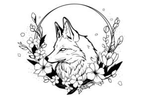 Fox head framed with flowers hand drawn ink sketch. Engraving style illustration. vector