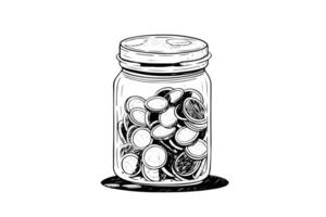Full jar of coin hand drawn ink sketch. Engraved illistration. vector