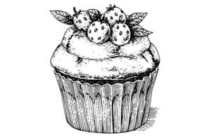 Cupcake with strawberry hand drawn ink sketch. Engraved style retro illustration. vector