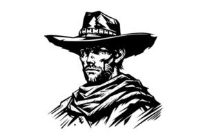 Cowboy sheriff bust or head on hat in engraving style. Hand drawn ink sketch. illustration. vector