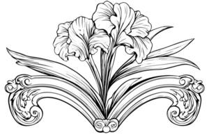 Clásico barroco arquitectura ilustración florido moldura y floral adornos, clásico diseño con iris flores vector