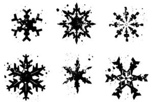 Grunge lino cut snowflakes stamps collection pack. Distressed textures set. Blank geometric shapes. Illustration. vector