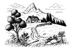 Mountain rural landscape hand drawn ink sketch. Engraving vintage style illustration. vector