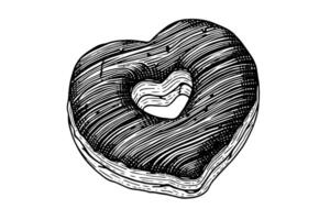 Heart shaped tasty donut engraving style. Hand drawn ink sketch illustration. vector