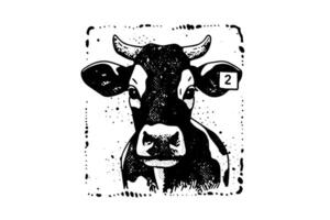 Black cow head logotype for meat industry or farmers market hand drawn stamp effect illustration. vector