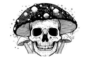 Mushroom skull hand drawn ink sketch. Engraved style illustration. vector