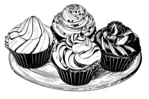 Cupcake on a plate drawing ink sketch. Engraved style retro illustration. vector