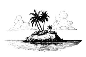 Islands with palms landscape hand drawn ink sketch. Engraving style illustration. vector