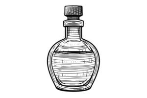 Bottle with wooden stopper hand drawn ink sketch. Engraved style illustration. vector