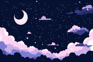 Cartoon starry background. Cloud, crescent and stars in darkness print graphic. vector