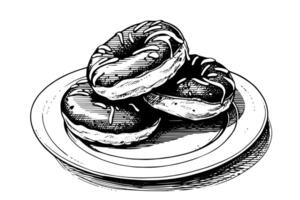 Tasty donuts on a plate engraving style. Hand drawn ink sketch illustration. vector