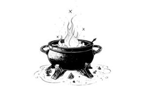 Boiling witch's cauldron hand drawn ink sketch. Engraving style illustration. vector