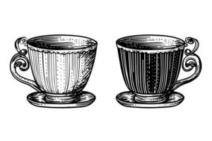 Set of vintage cups or mugs hand drawn ink sketch. Engraved style illustration. vector