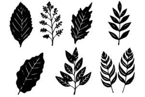 Set of lino cut stamp black leaves and branch imprints on white background. Hand drawn floral elements. vector