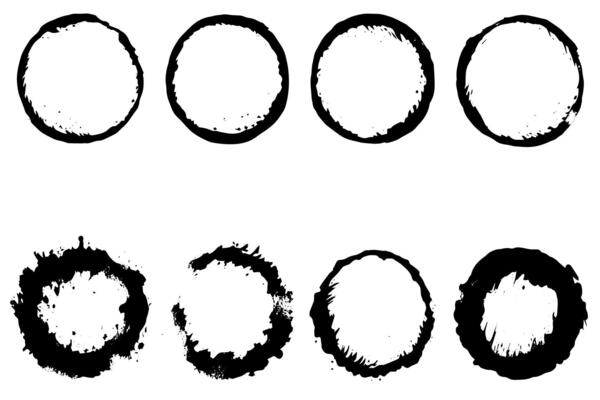 Black shapes of wine circle and coffee ring stains. Dirty splashes and spots Hand drawn tea or ink ring stains on white background.