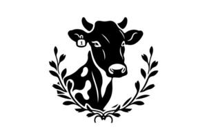 Minimalistic ink silhouette cow and branches logotype or emblem design. Isolated on white background. illustration. vector