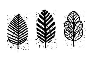 Set of lino cut stamp black leaves and branch imprints on white background. Hand drawn floral elements. vector