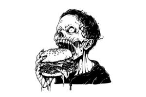 Zombie eat burger hand drawn ink sketch. Engraved style illustration. vector