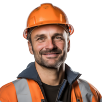 portrait de une souriant construction ouvrier dans sécurité équipement png