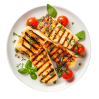 Grilled halloumi cheese with cherry tomatoes and fresh basil served on a white plate png