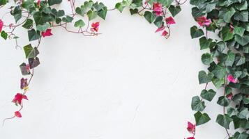 blanco pared cubierto en verde y rosado flores generado por ai foto