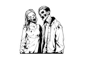 Zombie love match pair hand drawn ink sketch. Woman and man zombies. Engraved style illustration. vector