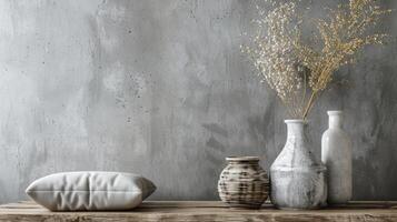 Three Vases and a Pillow on a Table. AI-generated photo