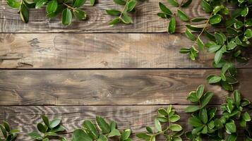 Wooden Background With Green Leaves. AI-generated photo