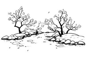 Minimalistic sakura tree landscape hand drawn ink sketch. Engraved style illustration. vector