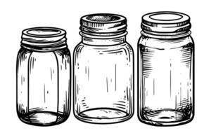 Set of empty jar hand drawn ink sketch. Engraved illistration. vector