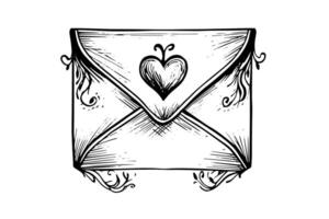 Envelope with heart hand drawn ink sketch. Engraving vintage style illustration. vector