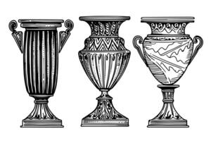 Set of ancient vase hand drawn ink sketch. Engraved style illustration. vector