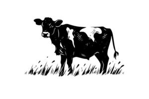 Black cow on the grass silhouette for meat industry or farmers market hand drawn stamp effect illustration. vector