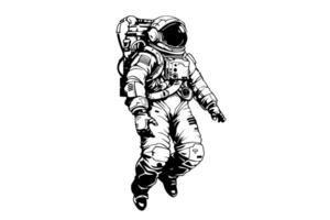 Astronaut spaceman hand drawn ink sketch. Engraving style illustration. vector