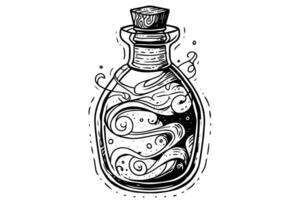 Magic bottle with potion hand drawn ink sketch. Engraved style illustration. vector