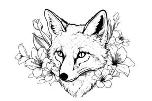 Fox head framed with flowers hand drawn ink sketch. Engraving style illustration. vector