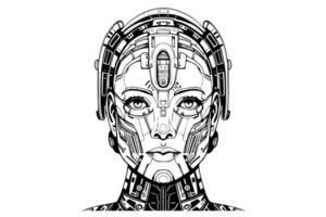 Hand-Drawn AI Robot Cyborg in a Timeless Vintage Engraved Style. Illustration. vector