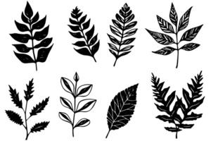 Set of lino cut stamp black leaves and branch imprints on white background. Hand drawn floral elements. vector