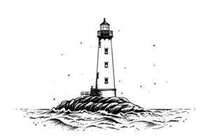 Hand drawn ink sketch of lighthouse. Template for design works. Engraved style illustration. vector