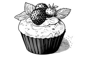 Cupcake with strawberry hand drawn ink sketch. Engraved style retro illustration. vector