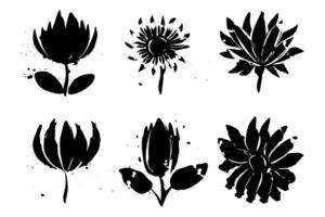 Set of lino cut grunge flower ink stamp. Pack of contemprorary texture elements. vector