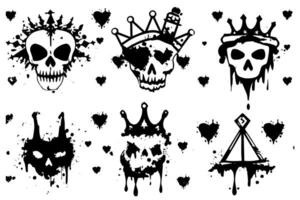 Set of hand drawn sketch grunge ink graphiti doodle scull and crown. Tattoo collection. Illustration pack. vector