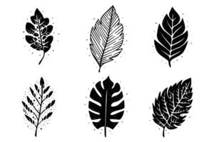 Set of lino cut stamp black leaves and branch imprints on white background. Hand drawn floral elements. vector