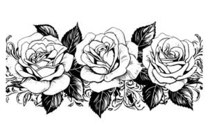 Rose flower border hand drawn ink sketch. Engraving style illustration. vector