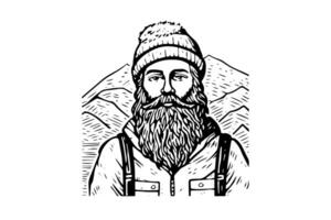 Vintage Adventure Logo Hand-Drawn Illustration of a Hipster Hiker Conquering Mountains. vector