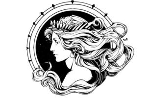 Aphrodite head hand drawn ink sketch. Engraved style illustration. vector