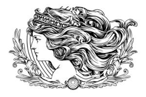 Afrodita cabeza mano dibujado tinta bosquejo. grabado estilo ilustración. vector