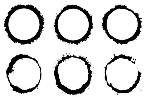 Black shapes of wine circle and coffee ring stains. Dirty splashes and spots Hand drawn tea or ink ring stains on white background.