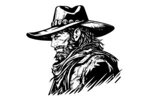 Cowboy sheriff bust or head on hat in engraving style. Hand drawn ink sketch. illustration. vector